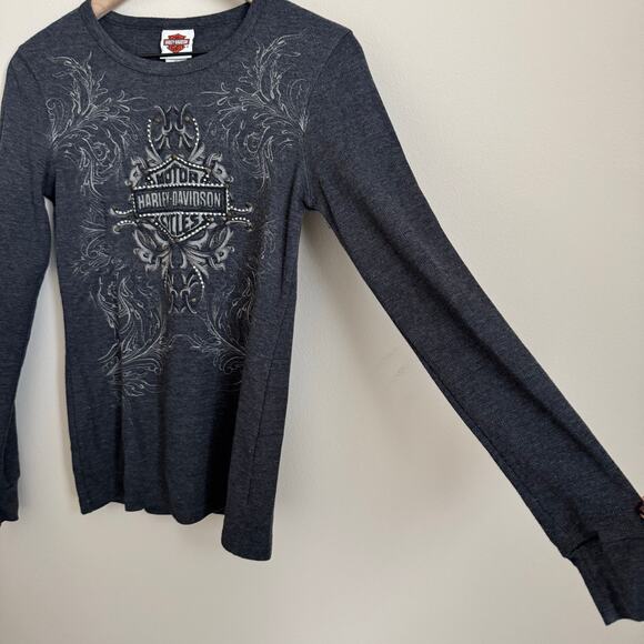 Vintage Harley Davidson Women Gray Waffle Longsleeve Studded Top Size Medium Y2K - Picture 6 of 12